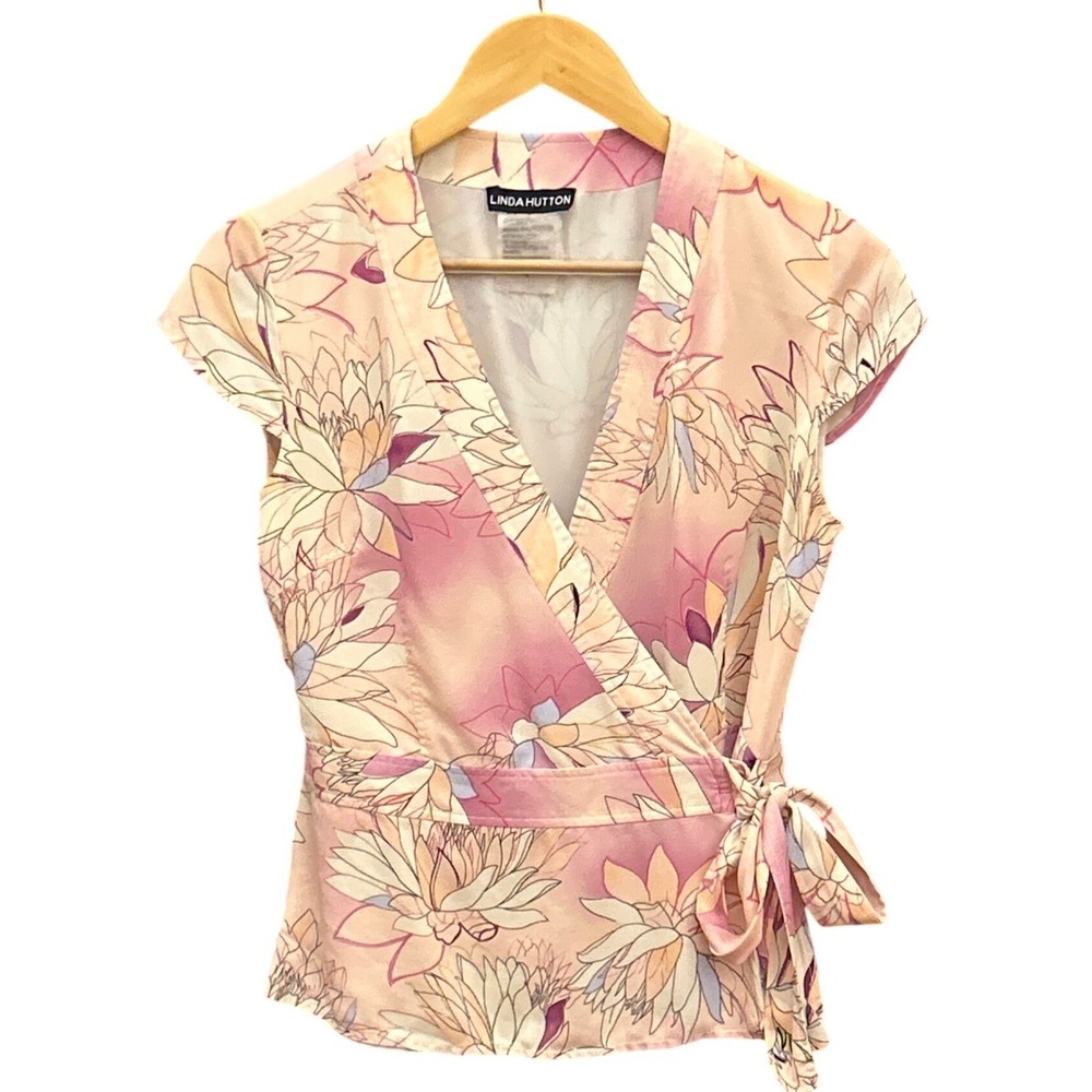 Vintage 90s Linda Hutton Silk Wrap Top Floral Cottagecore Romantic Fairycore